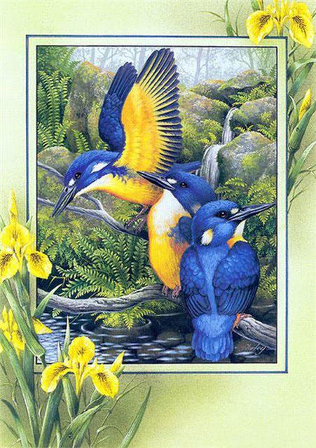 Diamond painting kit with three birds on a tree