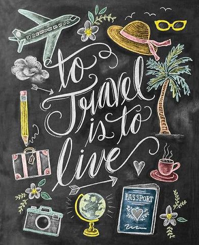 Image of Diamond painting featuring the quote "To travel is to live," surrounded by travel-related symbols like a passport, globe, airplane, and camera.