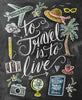 Diamond painting featuring the quote "To travel is to live," surrounded by travel-related symbols like a passport, globe, airplane, and camera.