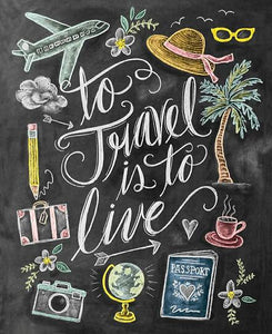 Diamond painting featuring the quote "To travel is to live," surrounded by travel-related symbols like a passport, globe, airplane, and camera.