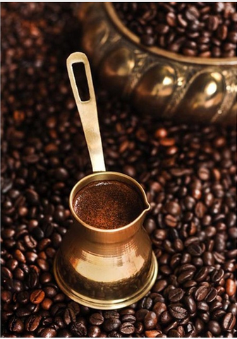 Image of Diamond painting of a traditional Turkish coffee pot surrounded by coffee beans