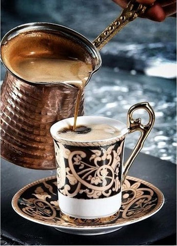 Image of Diamond painting of Turkish coffee being poured from a cezve into a cup