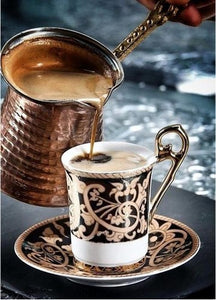 Diamond painting of Turkish coffee being poured from a cezve into a cup