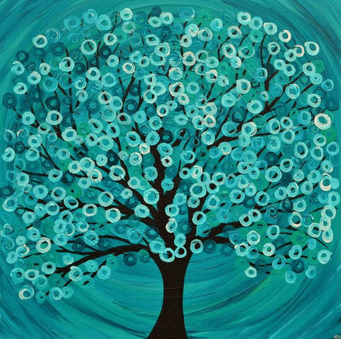 Image of Diamond painting of a stylized turquoise tree with circular leaves, set against a blue background.