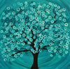 Diamond painting of a stylized turquoise tree with circular leaves, set against a blue background.