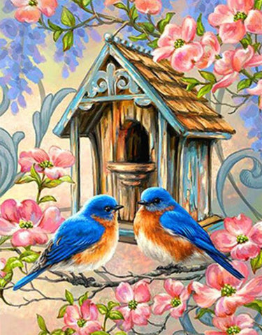 Image of Diamond painting kit with two bluebirds on a birdhouse
