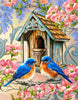 Diamond painting kit with two bluebirds on a birdhouse
