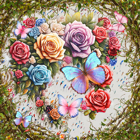 Image of Sparkling heart-shaped arrangement of multicolored roses with interspersed butterflies in a diamond painting, set against a backdrop of greenery and artistic paint splatters