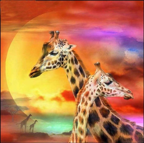 Image of Diamond painting of two giraffes standing side by side against a vibrant sunset in the African savanna.