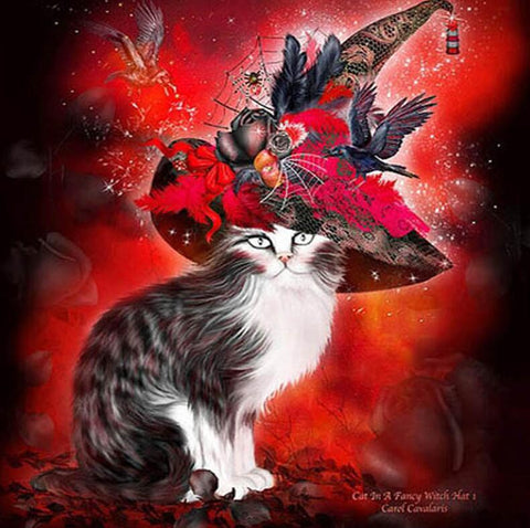 Image of Black and white cat wearing a red, feathered witch hat adorned with roses, spiders, and ravens, against a fiery red background.