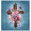 Diamond painting of a wooden cross adorned with pink roses and surrounded by butterflies.