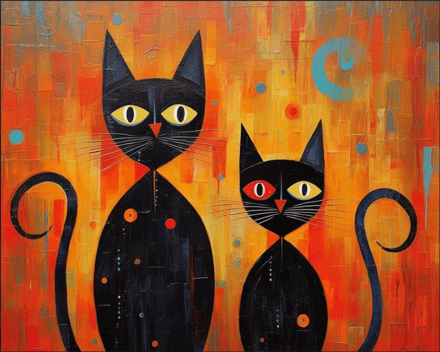 A diamond painting of two abstract cats, with bold colors and expressive eyes, against a vibrant background.