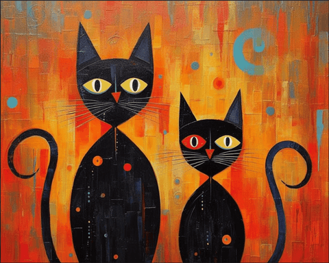 Image of A diamond painting of two abstract cats, with bold colors and expressive eyes, against a vibrant background.