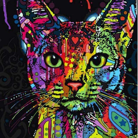 Image of Diamond painting of a colorful abstract cat with a geometric pattern.