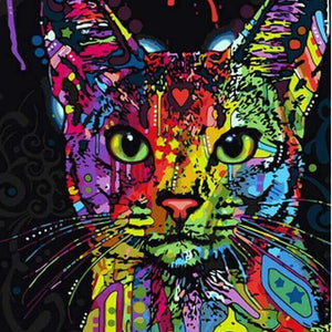 Diamond painting of a colorful abstract cat with a geometric pattern.