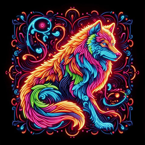 Image of vibrant diamond painting of a wolf with intricate neon patterns