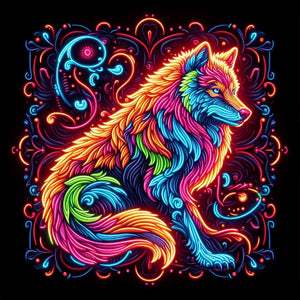 vibrant diamond painting of a wolf with intricate neon patterns