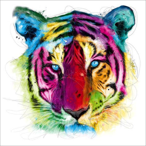 Image of Diamond painting of an abstract tiger design with colorful brushstrokes and patterns. 