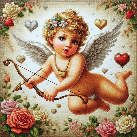 Image of Diamond painting of an adorable Cupid holding a bow and arrow, symbolizing love.