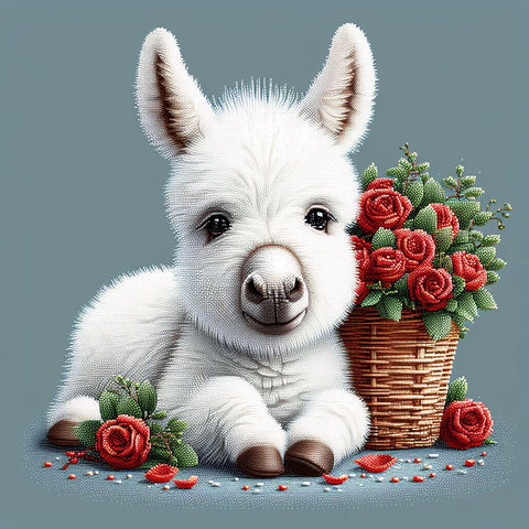 Image of Diamond painting of an adorable donkey cuddling next to a basket of roses