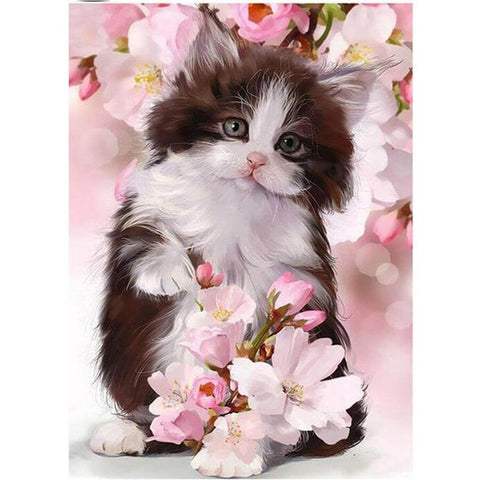 Image of Diamond painting of a cute kitten surrounded by pink cherry blossoms.