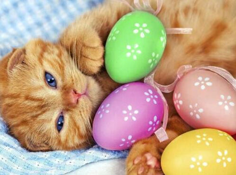 Image of Diamond painting of a cute kitten surrounded by colorful Easter eggs.