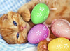 Diamond painting of a cute kitten surrounded by colorful Easter eggs.