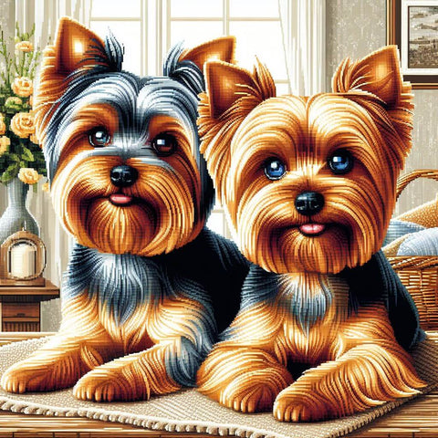 Image of Diamond painting of two cute Yorkshire Terrier puppies.