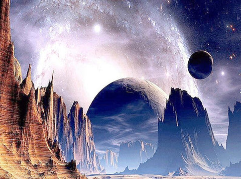 Image of A diamond painting of an alien landscape with a planet and stars in the background.