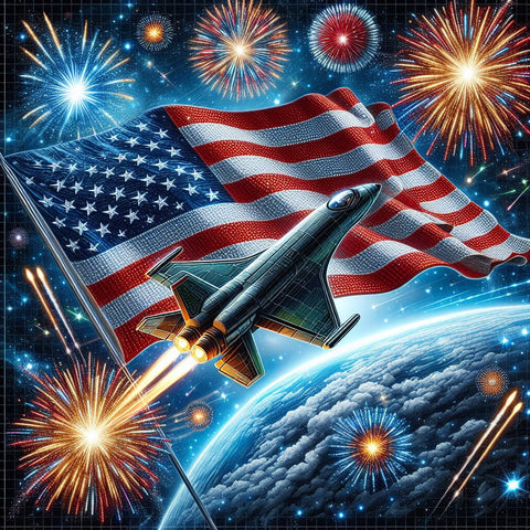 Image of Diamond painting of the American flag in space with a jet flying by