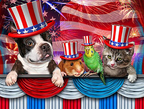 Image of Diamond painting of pets celebrating American holiday, dog, cat, and bird wearing patriotic hats.