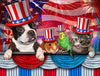 Diamond painting of pets celebrating American holiday, dog, cat, and bird wearing patriotic hats.