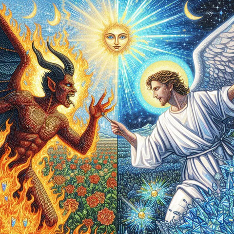 Image of Diamond painting depicting a celestial battle between angel and demon