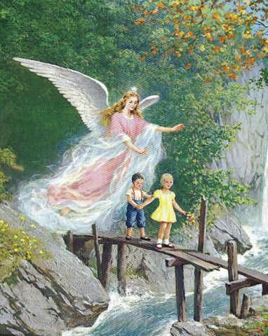 Image of Serene diamond painting of angelic guardian watching over playful children on a bridge.