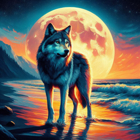 Image of Diamond painting of a majestic arctic wolf standing on a rocky seashore.