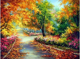 Diamond painting depicting a colorful autumn forest landscape with a winding path.
