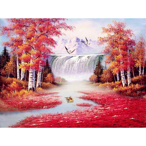 Image of Diamond Painting of a Waterfall Surrounded by Red Autumn Trees