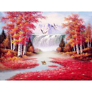 Diamond Painting of a Waterfall Surrounded by Red Autumn Trees