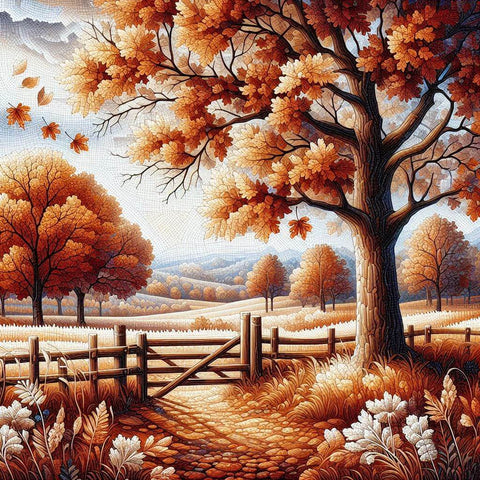 Image of Diamond painting of a beautiful autumn landscape with colorful trees.