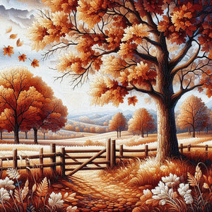 Diamond painting of a beautiful autumn landscape with colorful trees.