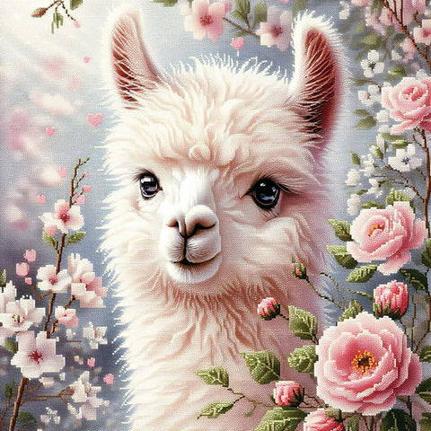 Image of Diamond painting of a baby llama surrounded by flowers.