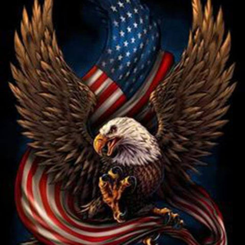 Image of Diamond painting of a bald eagle holding the American flag in its talons.