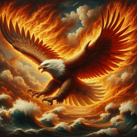 Image of Diamond painting artwork of a bald eagle soaring through a fiery sky.