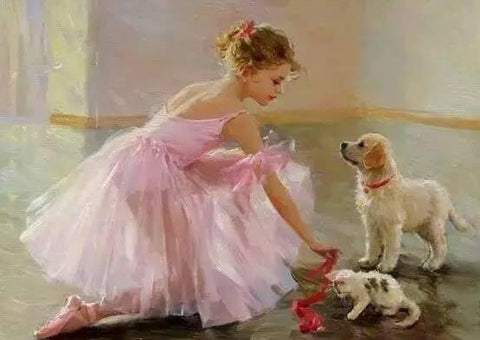 Image of Diamond painting of a ballerina enjoying a moment with her dog and cat.