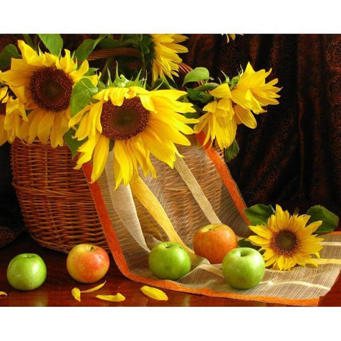 Image of Diamond painting of a basket overflowing with sunflowers and red apples.