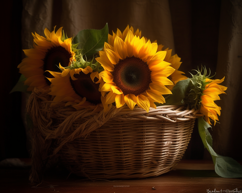 Image of Diamond painting of a basket overflowing with bright yellow sunflowers.