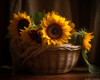 Diamond painting of a basket overflowing with bright yellow sunflowers.