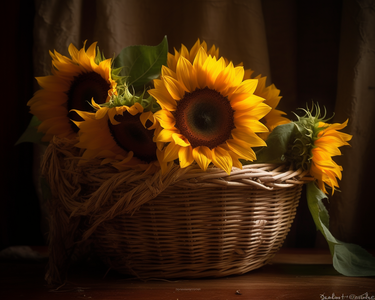 Diamond painting of a basket overflowing with bright yellow sunflowers.