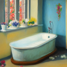 Diamond painting of a white bathtub in a room with a window filled with flowers.
