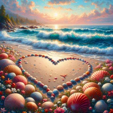 Image of Diamond painting of a heart made of seashells on beach